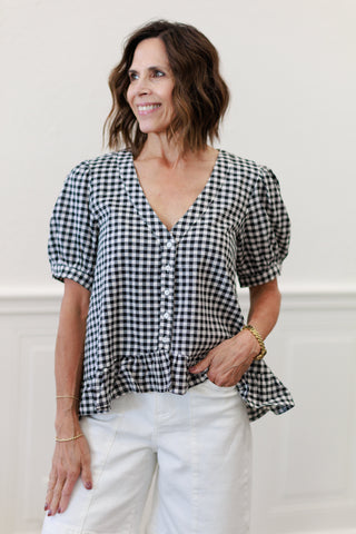 V-Neck Gingham Blouse in Black/White