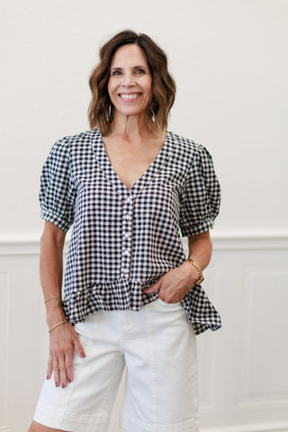 V-Neck Gingham Blouse in Black/White