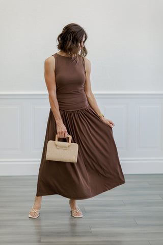 Ruched Side Drop Waist Maxi Dress in Chocolate