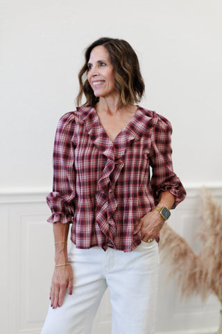 Crinkled Checker Pintuck Ruffle Top in Plum