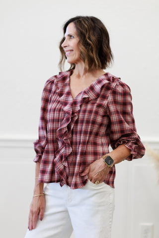 Crinkled Checker Pintuck Ruffle Top in Plum