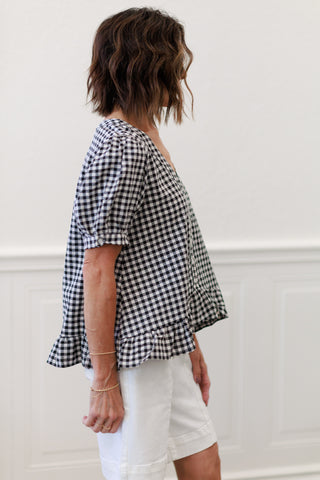V-Neck Gingham Blouse in Black/White