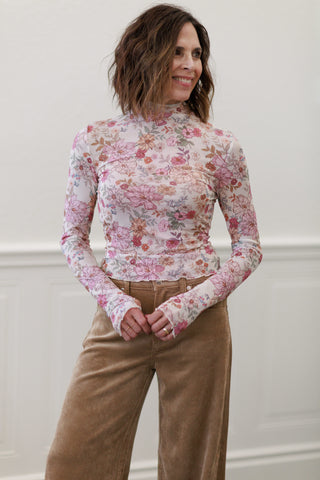 Floral Print Knit Long Sleeve Top in Clay Rose