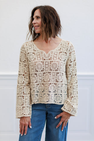 Natural Medallion Crochet Long Sleeve V Neck Top