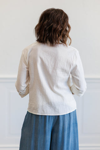 Linen Blend Tie Front Button Down Shirt in Off White