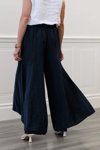 100% Italian Linen A-Seam Wide Leg Palazzo Pants in Navy