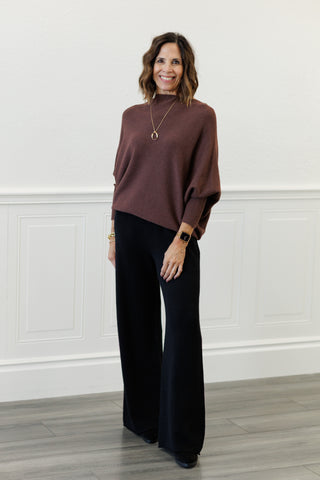 MILIO MILANO Ribbed Cuff & Hem Asymmetrical Sweater in Chocolate
