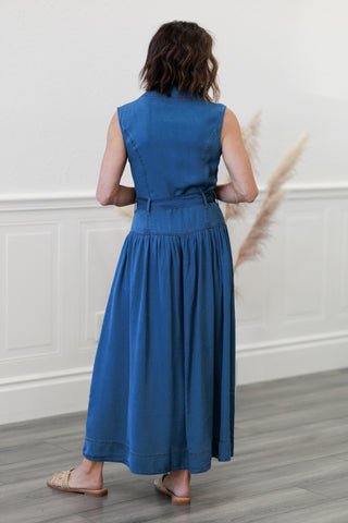 Notch Collar Sleeveless Belted Denim Midi Dress