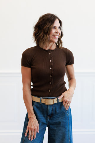 Ribbed Button Front Top in Brown