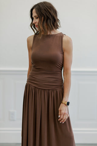 Ruched Side Drop Waist Maxi Dress in Chocolate