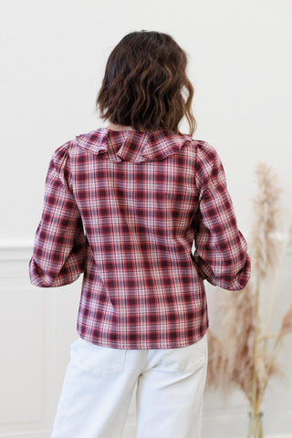 Crinkled Checker Pintuck Ruffle Top in Plum