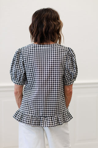 V-Neck Gingham Blouse in Black/White