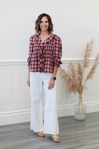 Crinkled Checker Pintuck Ruffle Top in Plum