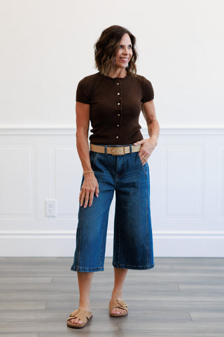 Ribbed Button Front Top in Brown