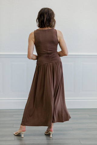 Ruched Side Drop Waist Maxi Dress in Chocolate