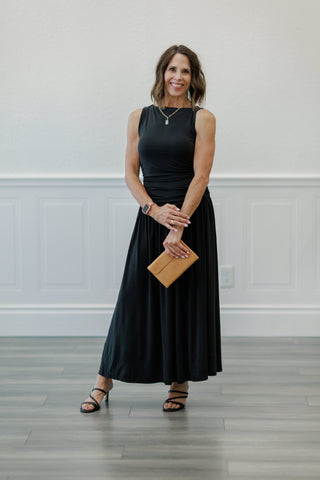 Ruched Side Drop Waist Maxi Dress in Black