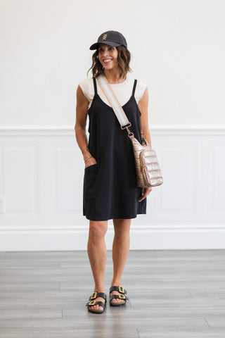 Techno Cupro Romper Dress with pockets in Black