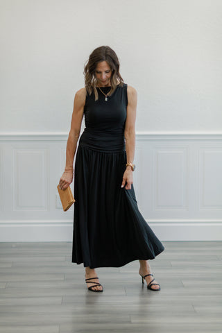 Ruched Side Drop Waist Maxi Dress in Black