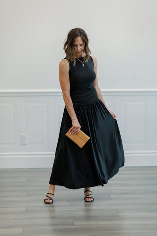 Ruched Side Drop Waist Maxi Dress in Black
