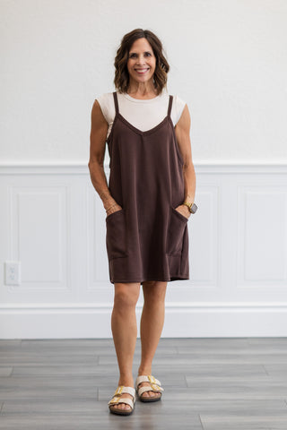 Techno Cupro Romper Dress with pockets in Chocolate