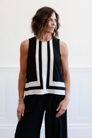 Contrast Trim Detailed Tank & Wide Pants Set in Black & White
