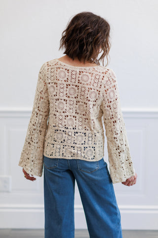Natural Medallion Crochet Long Sleeve V Neck Top