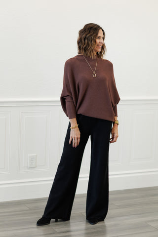 MILIO MILANO Ribbed Cuff & Hem Asymmetrical Sweater in Chocolate