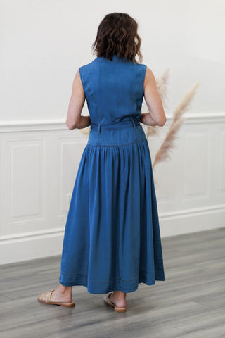 Notch Collar Sleeveless Belted Denim Midi Dress