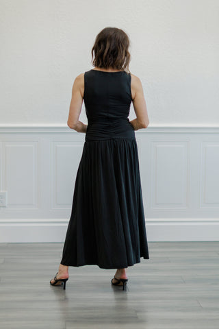 Ruched Side Drop Waist Maxi Dress in Black