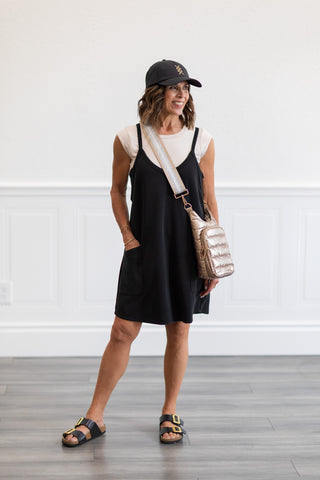 Techno Cupro Romper Dress with pockets in Black