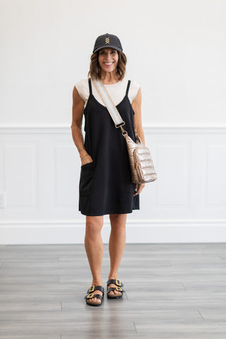 Techno Cupro Romper Dress with pockets in Black