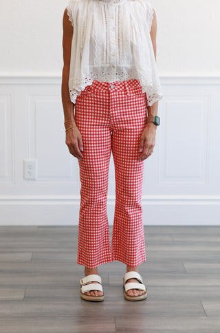High Rise Tonal Crop Flare Jeans in Red Gingham