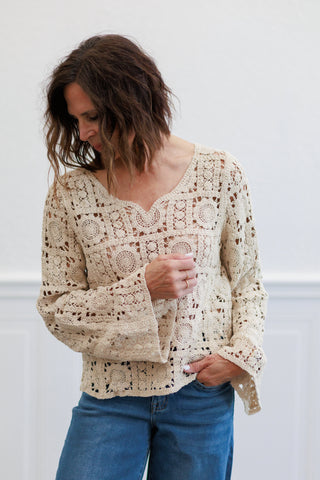 Natural Medallion Crochet Long Sleeve V Neck Top