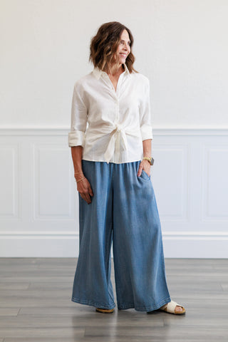 Linen Blend Tie Front Button Down Shirt in Off White