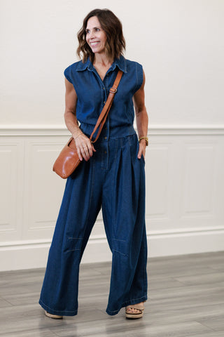 Mineral Washed Denim Wide-Leg Jumpsuit
