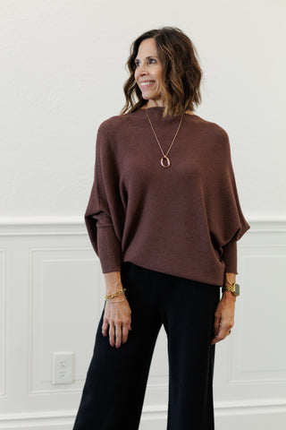 MILIO MILANO Ribbed Cuff & Hem Asymmetrical Sweater in Chocolate