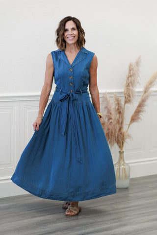 Notch Collar Sleeveless Belted Denim Midi Dress
