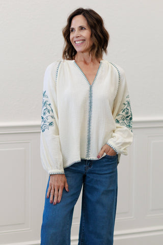 Floral Embroidered V-Neck Gauze Blouse | Vine & Love VT82859