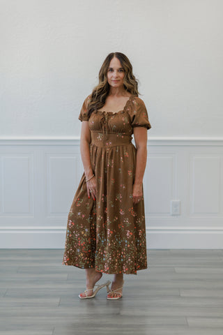 Brown Floral Puff Sleeve Smocked Midi Dress