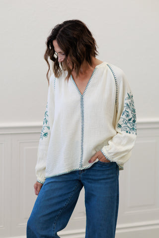 Floral Embroidered V-Neck Gauze Blouse | Vine & Love VT82859