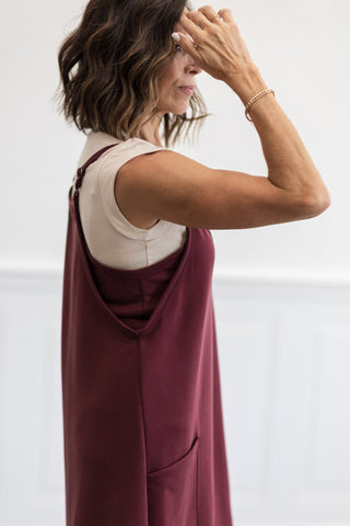 Techno Cupro Romper Dress with pockets in Maroon