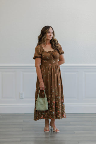 Brown Floral Puff Sleeve Smocked Midi Dress