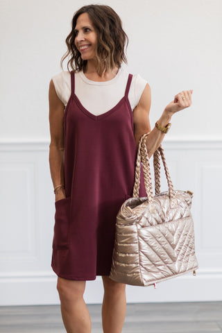Techno Cupro Romper Dress with pockets in Maroon
