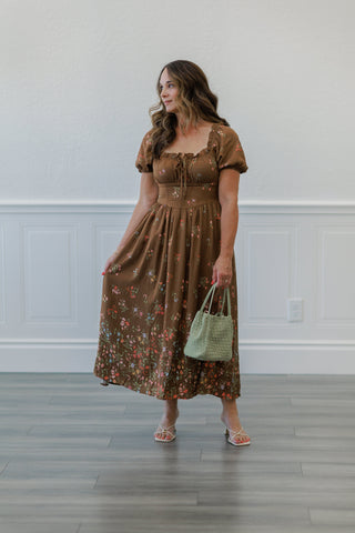 Brown Floral Puff Sleeve Smocked Midi Dress
