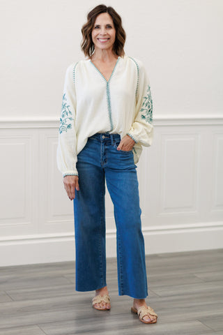 Floral Embroidered V-Neck Gauze Blouse | Vine & Love VT82859