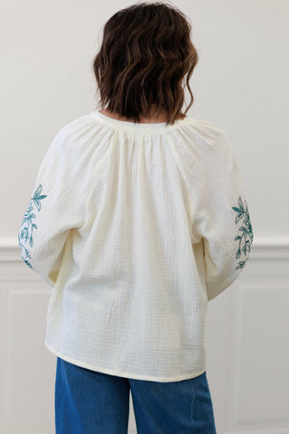 Floral Embroidered V-Neck Gauze Blouse | Vine & Love VT82859