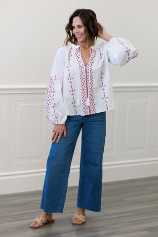Bohemian Embroidered Split Neck Blouse