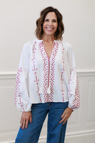 Bohemian Embroidered Split Neck Blouse
