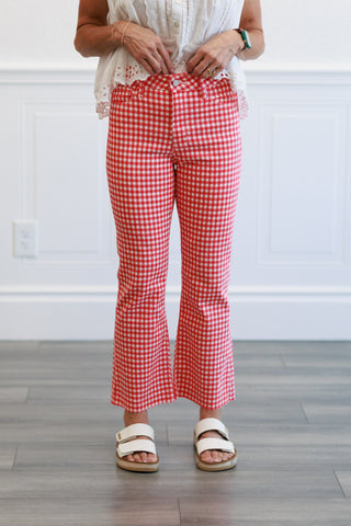 High Rise Tonal Crop Flare Jeans in Red Gingham