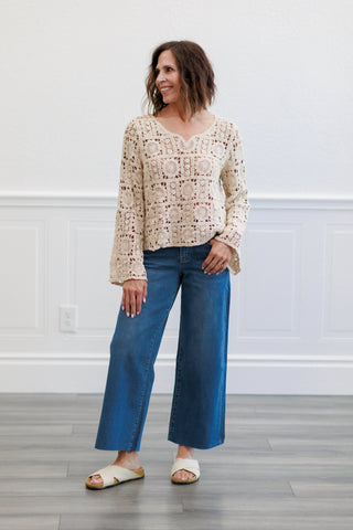 Natural Medallion Crochet Long Sleeve V Neck Top